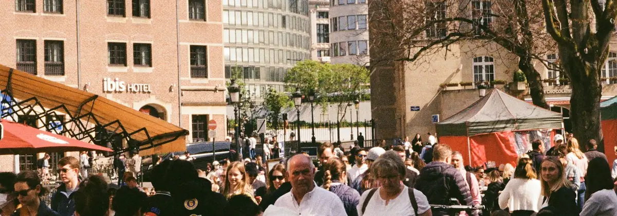 Café terraces and crowds on a Brussels square