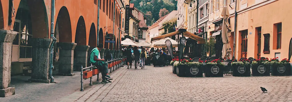 Arcades and café terraces in Brasov's old town