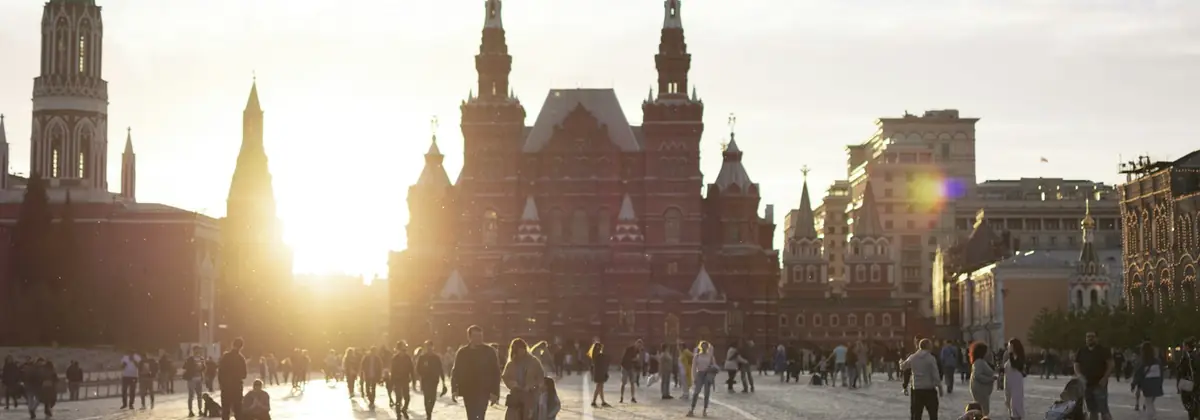 Crowds on Moscow's Red Square at sunset