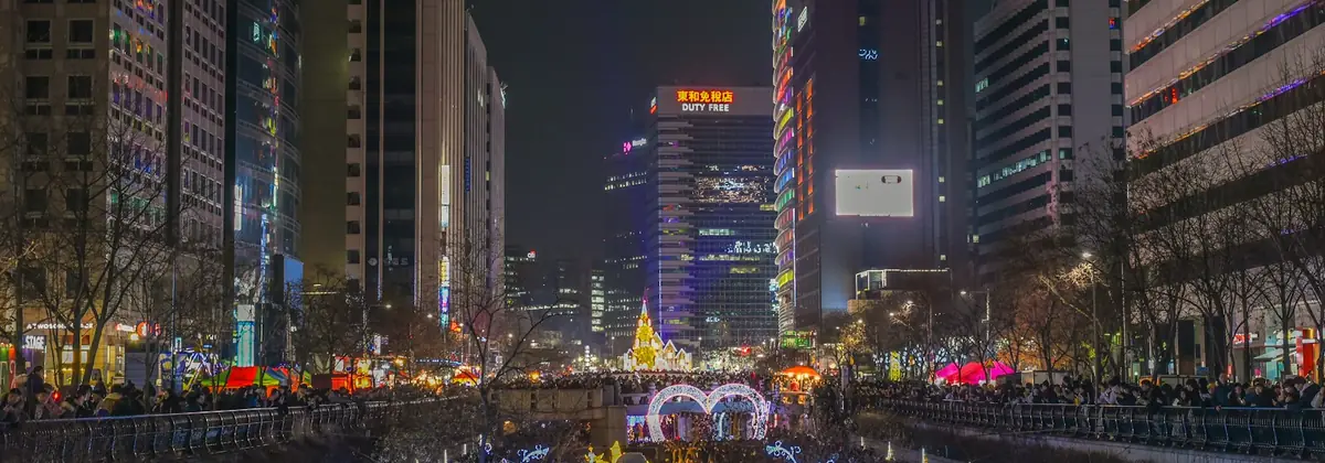 Seoul's Cheonggyecheon area lit up at night